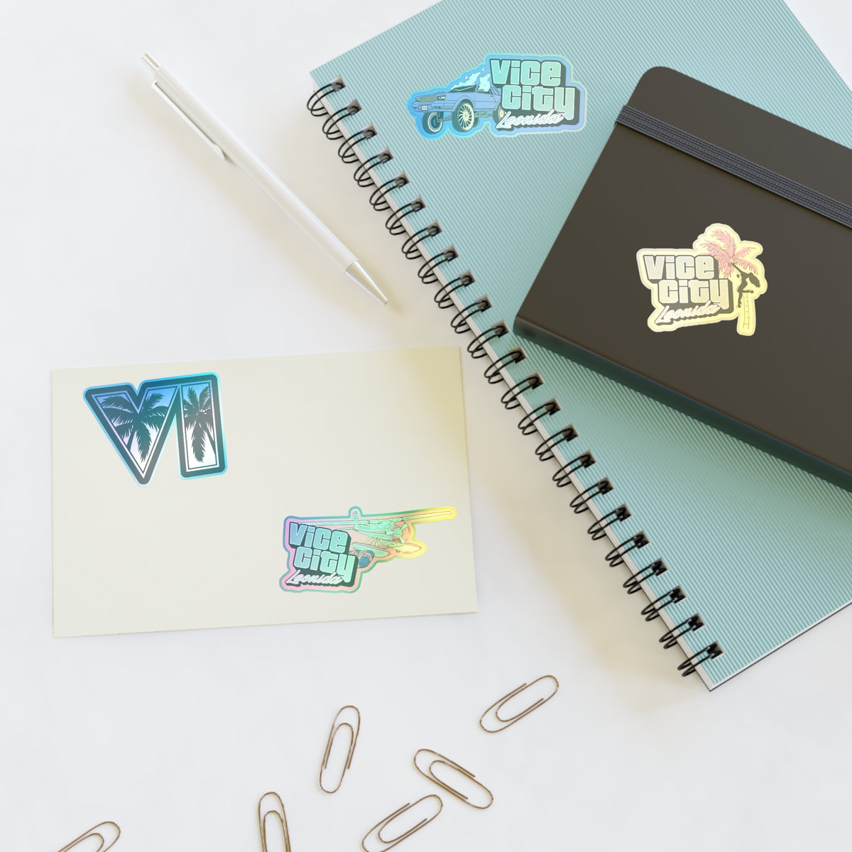 Retro Miami Vice Sticker Sheet — 'Vice City Leonida' Car, Plane & Palm Logo