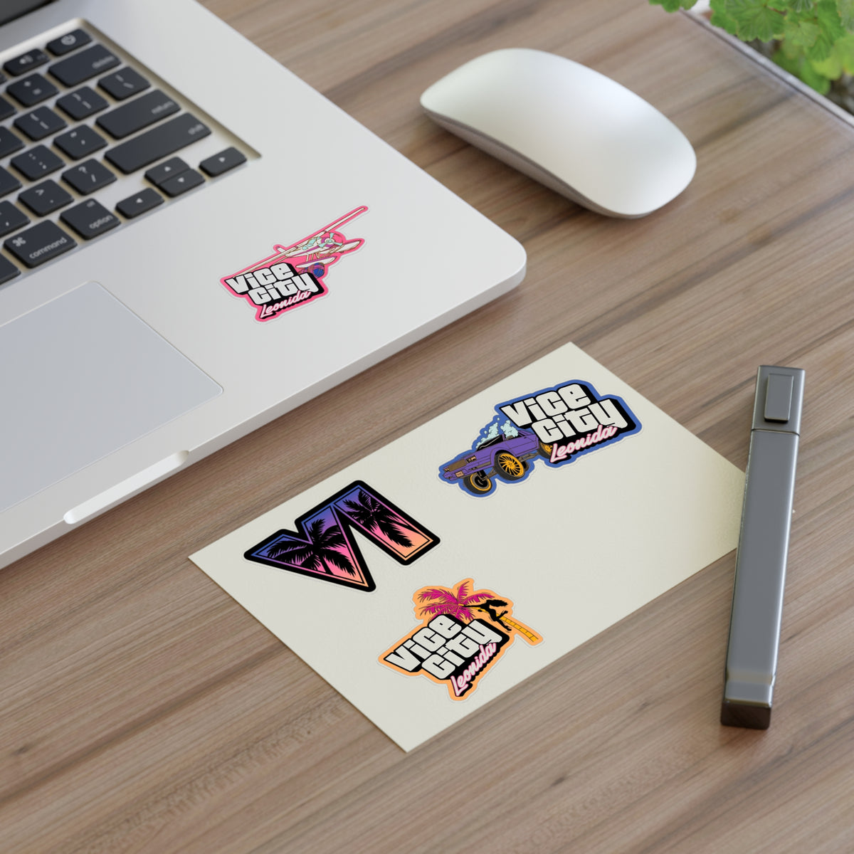 Retro Miami Vice Sticker Sheet — 'Vice City Leonida' Car, Plane & Palm Logo