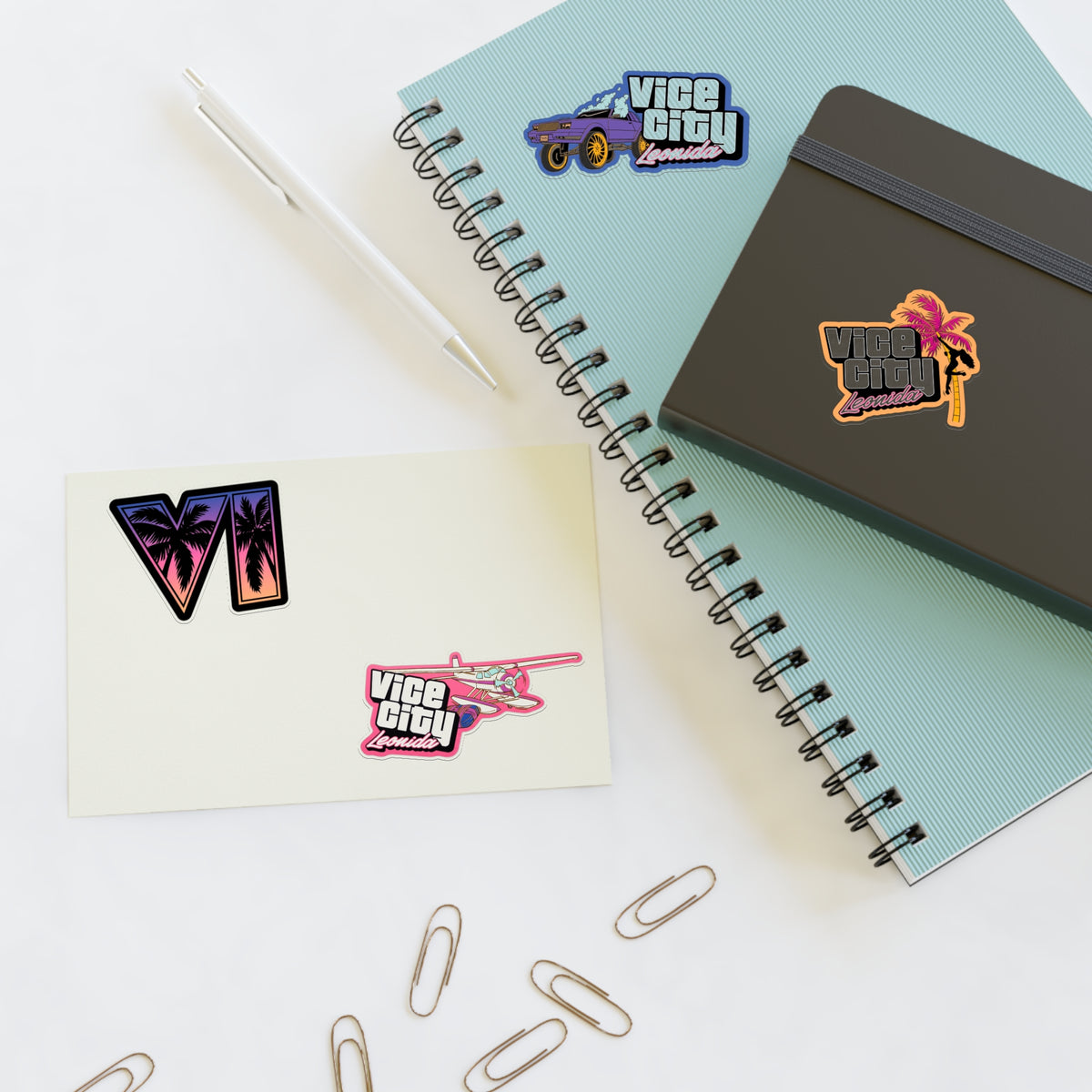 Retro Miami Vice Sticker Sheet — 'Vice City Leonida' Car, Plane & Palm Logo