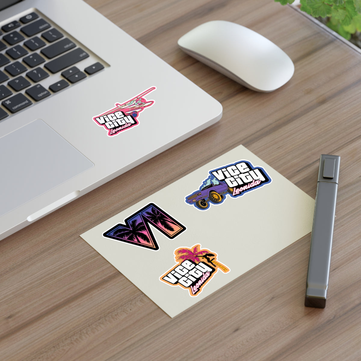 Retro Miami Vice Sticker Sheet — 'Vice City Leonida' Car, Plane & Palm Logo