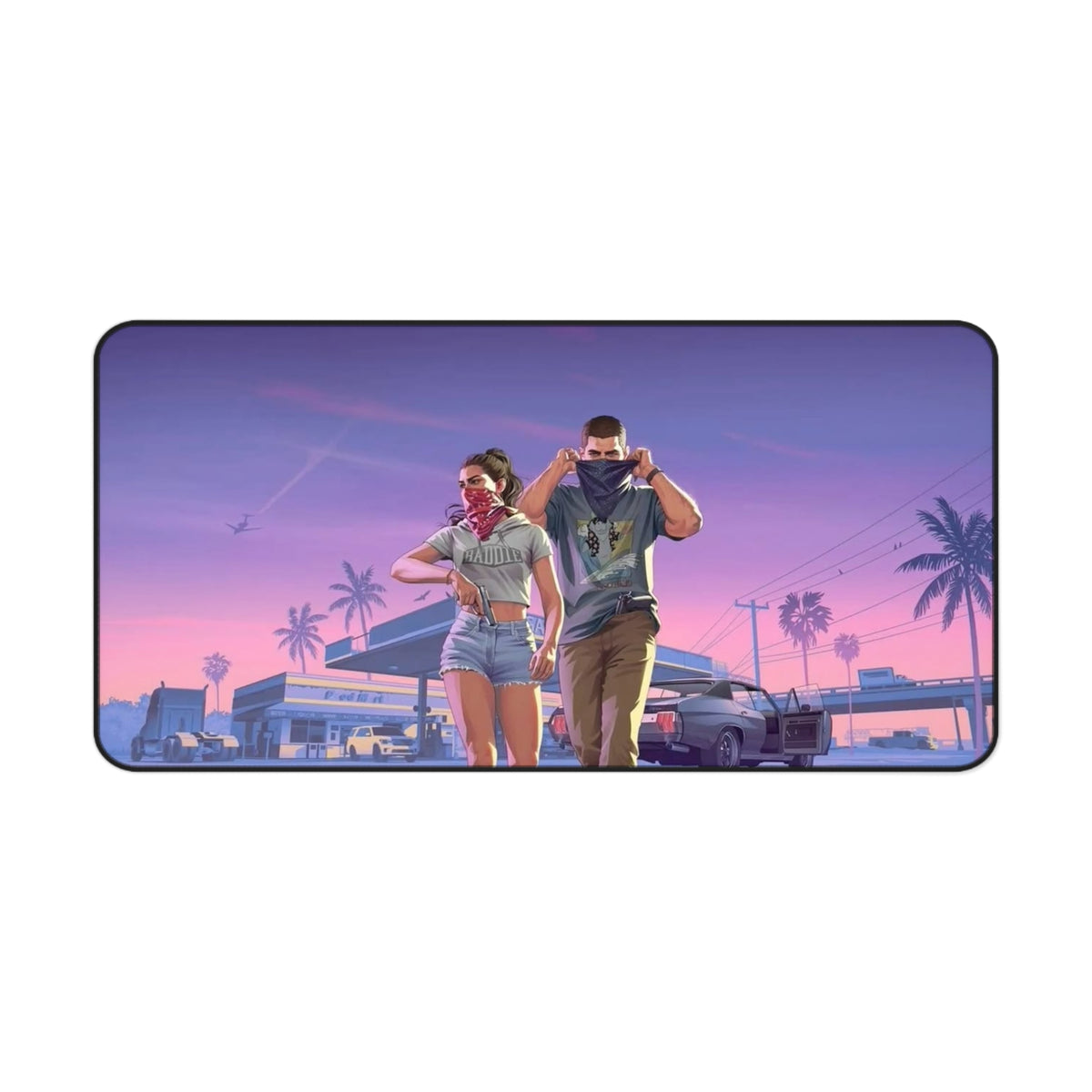 Retro Sunset GTA-Style Desk Mat — Neon Palm Beach Gaming Mouse Pad