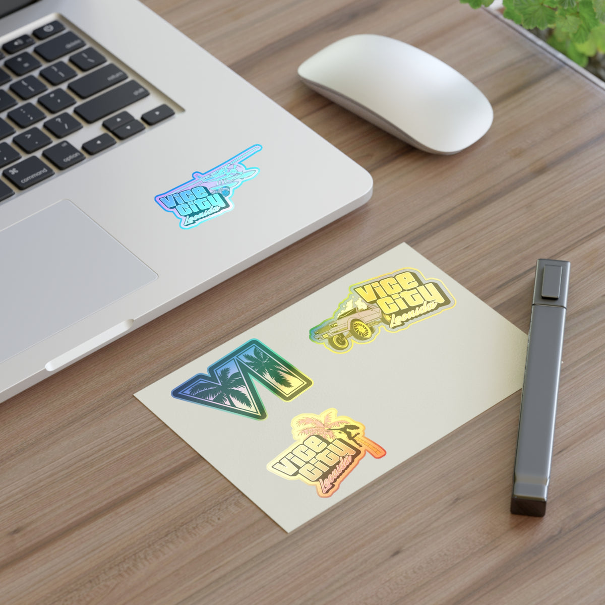 Retro Miami Vice Sticker Sheet — 'Vice City Leonida' Car, Plane & Palm Logo