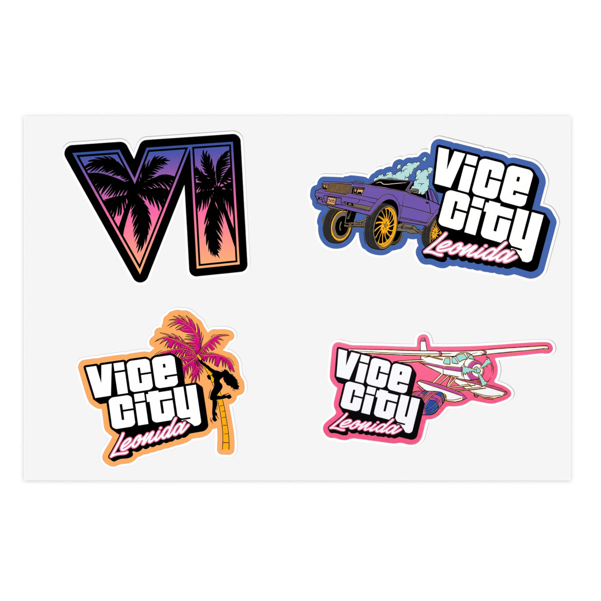 Retro Miami Vice Sticker Sheet — 'Vice City Leonida' Car, Plane & Palm Logo