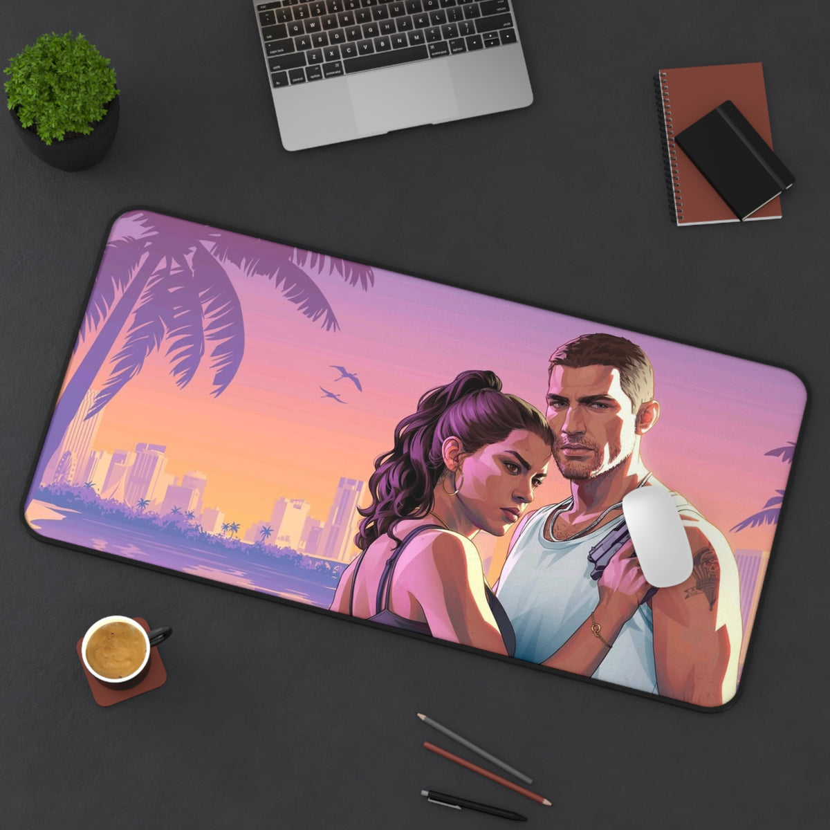 Retro Sunset Romance Desk Mat — Miami Vice Style Gaming/Work Mouse Pad