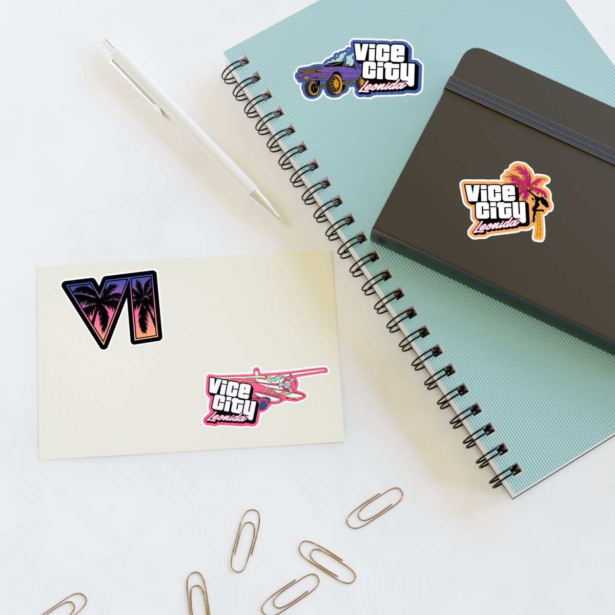 Retro Miami Vice Sticker Sheet — 'Vice City Leonida' Car, Plane & Palm Logo