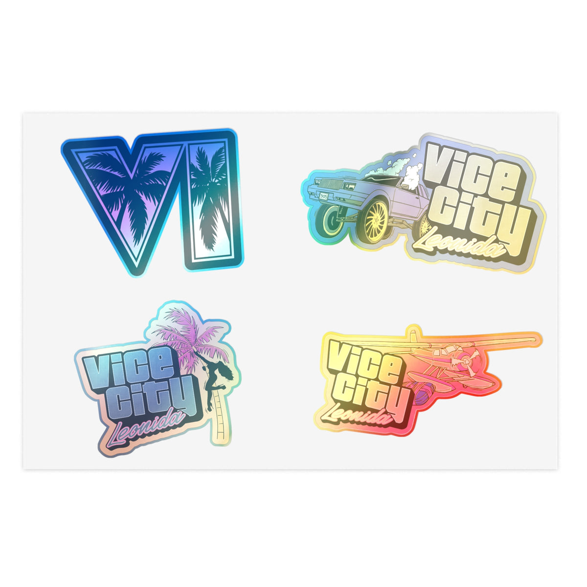 Retro Miami Vice Sticker Sheet — 'Vice City Leonida' Car, Plane & Palm Logo